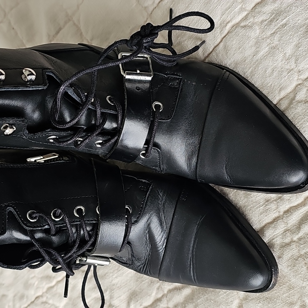 AllSaints Katy lace up heeled leather boots with buckle in black - Picture 3 of 12